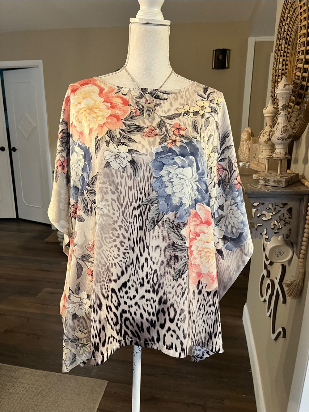 Chico's Floral & Animal Print Tunic - Coral, Blue, Cream
